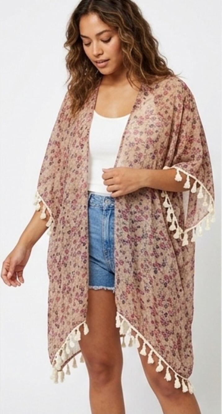 Riah Fashion Sheer Floral Kimono Cardigan Wrap with Cream Fringe Tassels
